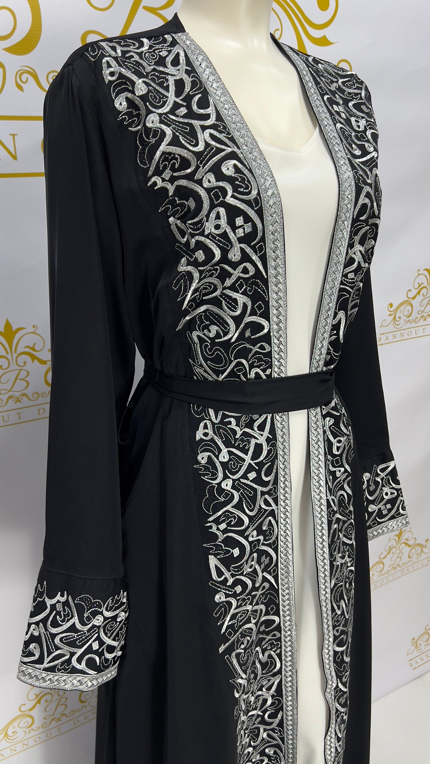 Abaya Set 2 Pcs. Random Arabic Letters Embellished with Silver Embroidery Black