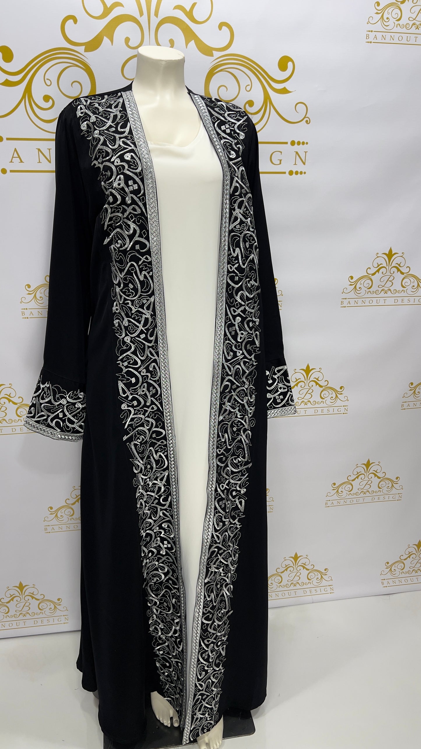 Abaya Set 2 Pcs. Random Arabic Letters Embellished with Silver Embroidery Black