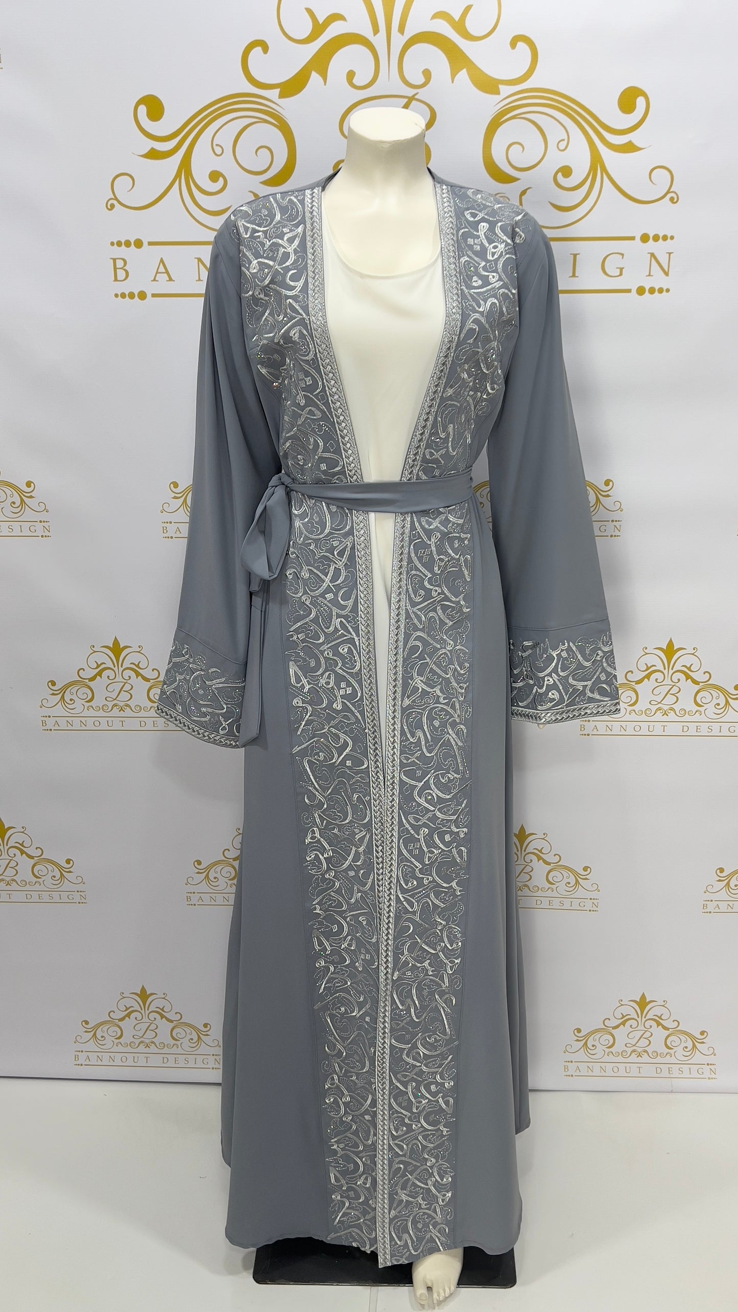 Abaya Set 2 Pcs. Random Arabic Letters Embellished with Silver Embroidery Light Gray