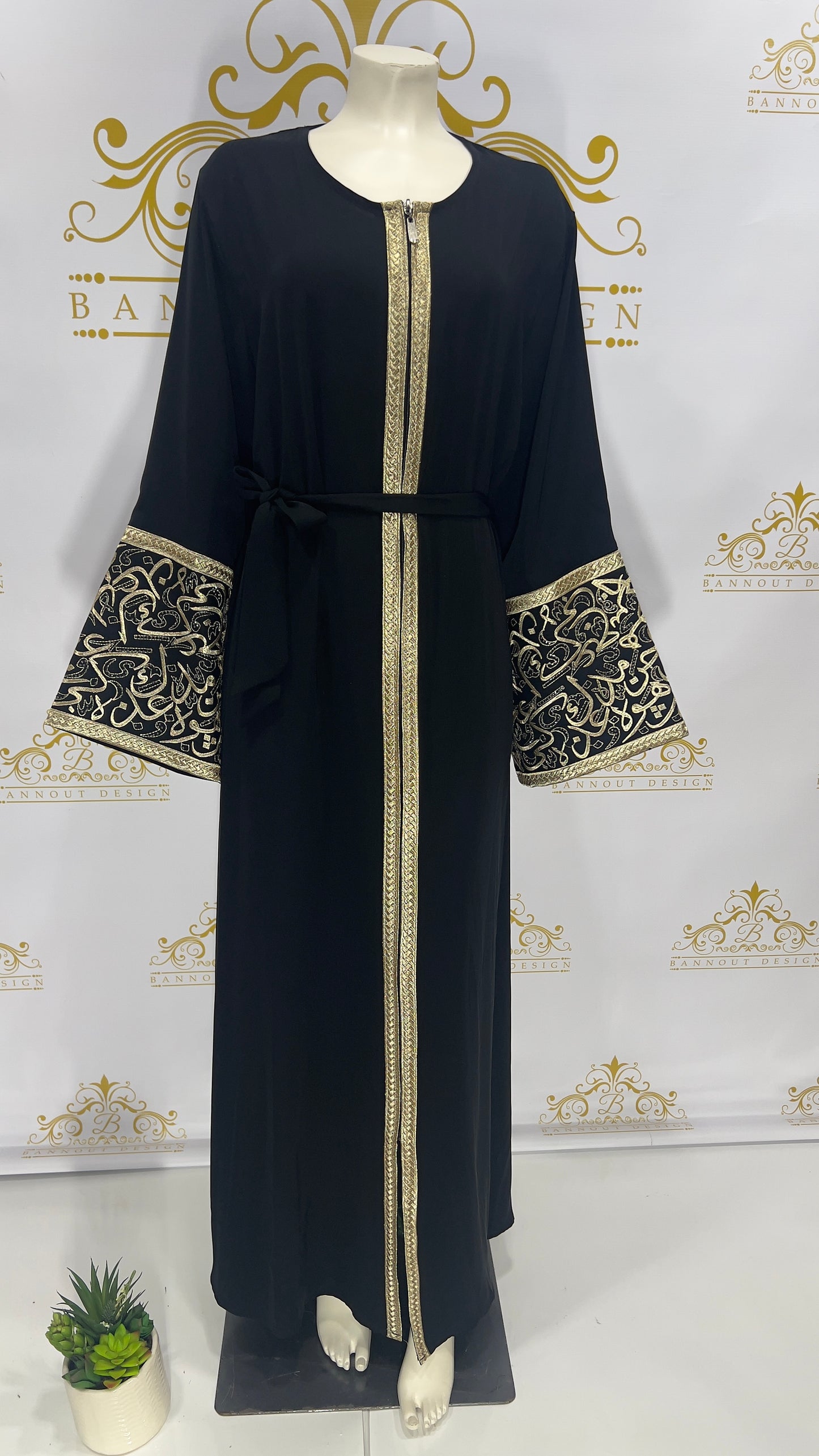 Arabic Embroidery Letters Open Abaya Bisht_Long_Sleeve_Maxi_Dress_Abaya_Black