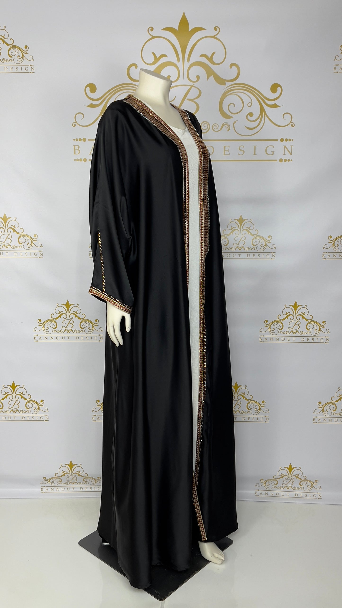 Elegant Women’s Open Abaya 2 Pcs Designed With Gold Rhinestone