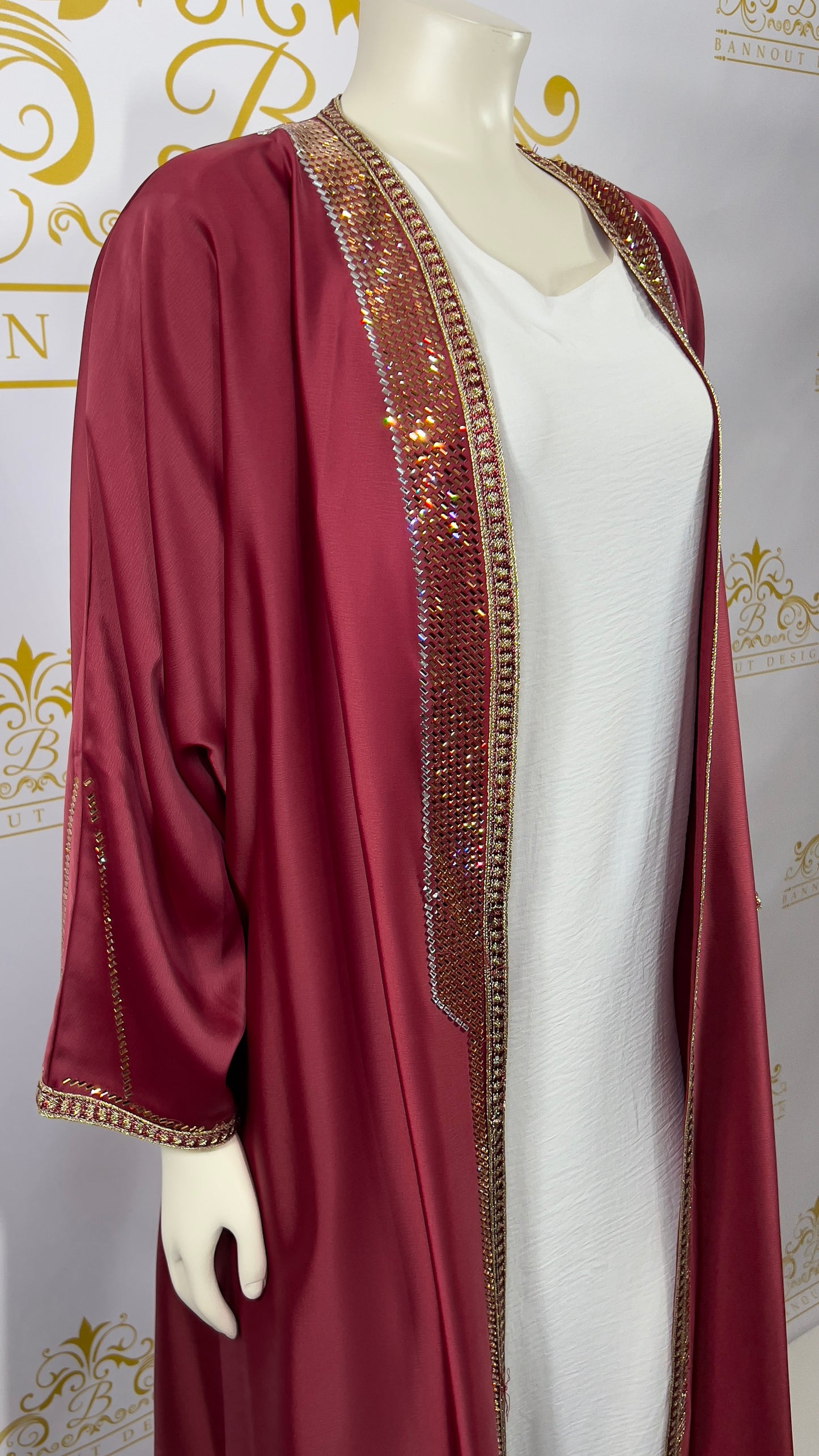 Elegant Women’s Open Abaya 2 Pcs Designed With Gold Rhinestone