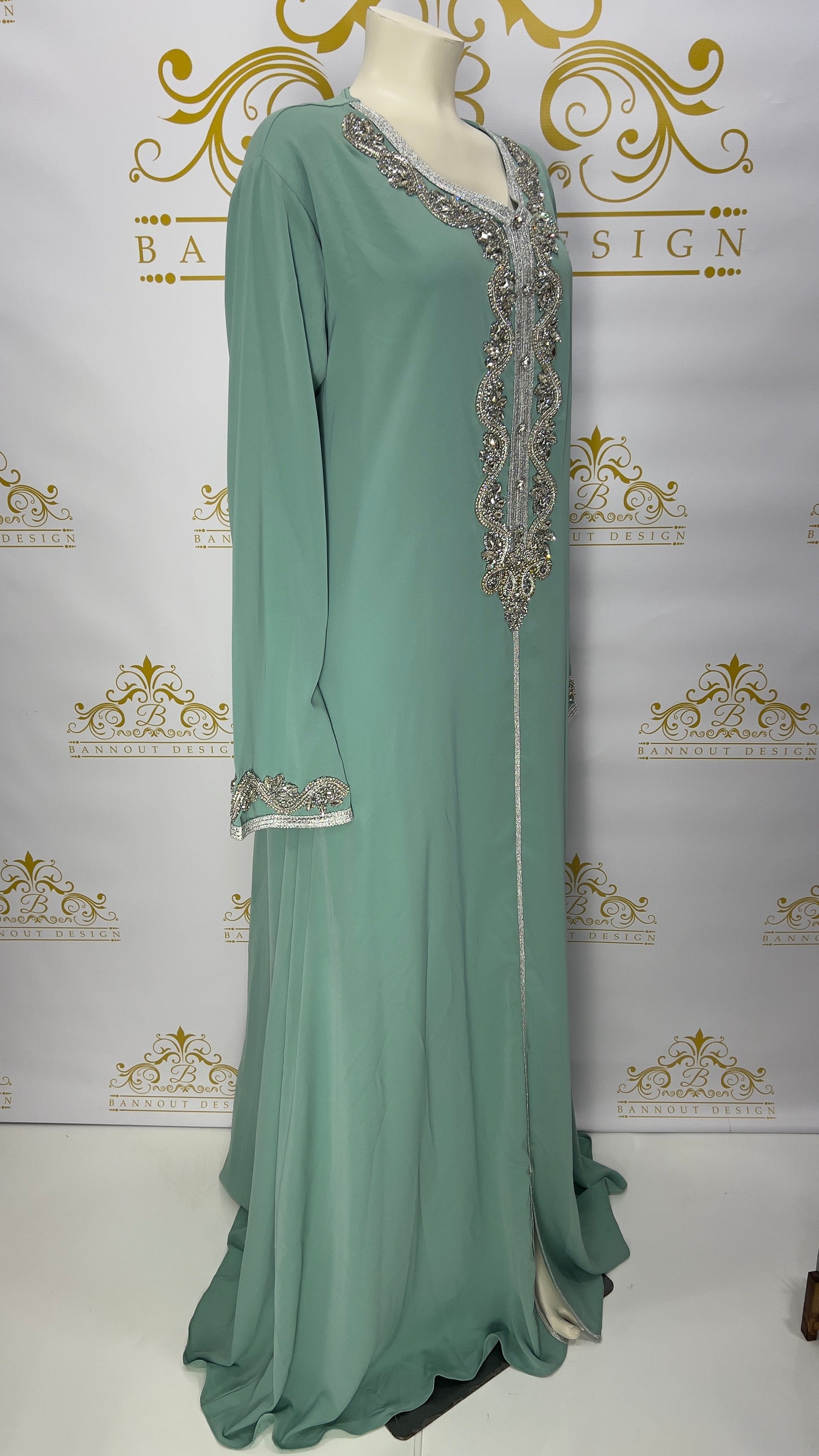 Embellished Silver Rhinestone Women's Maxi Abaya Long Sleeve Light Green