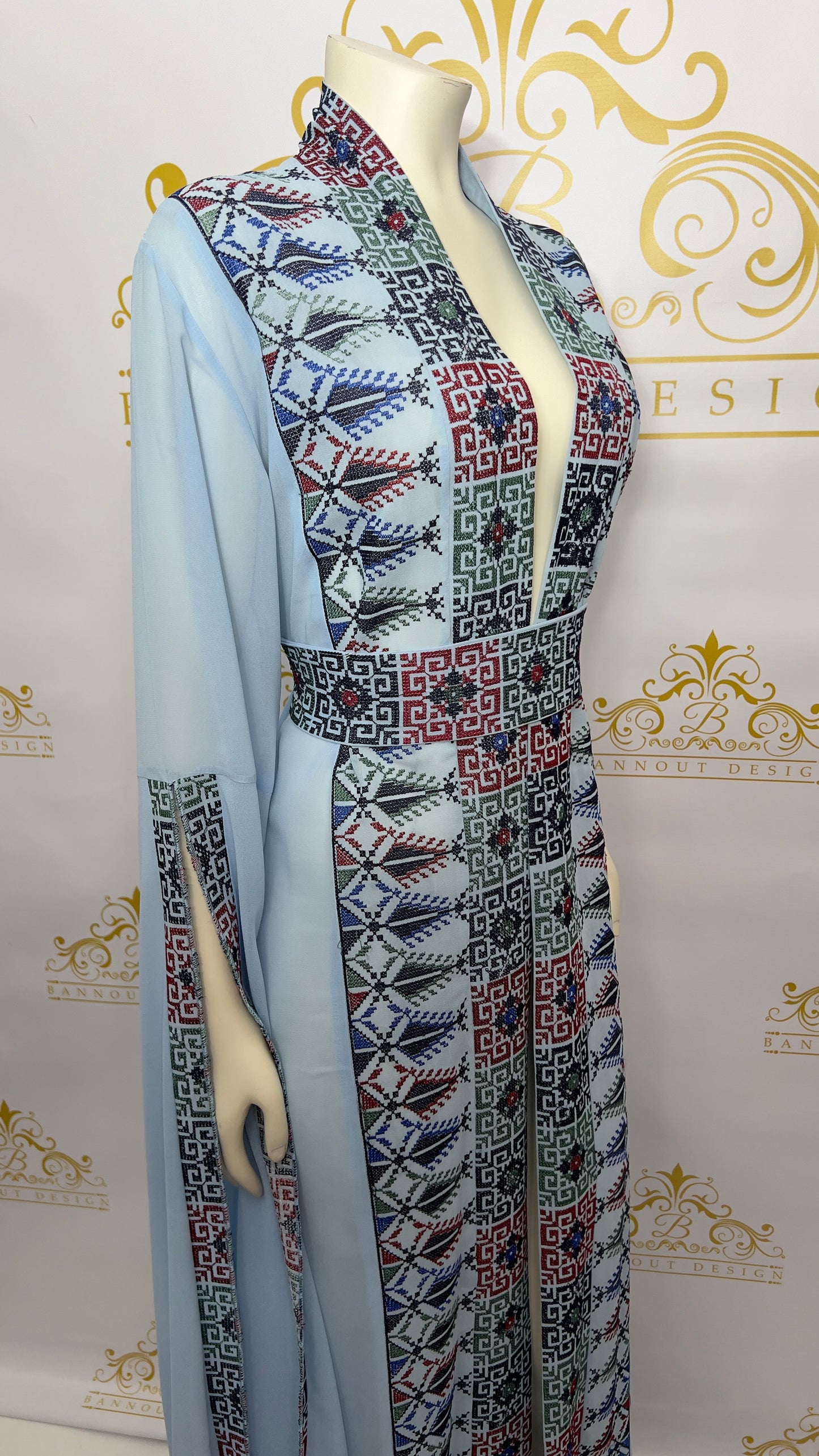 Embroidered Cardigan Open side Sleeve | Blue