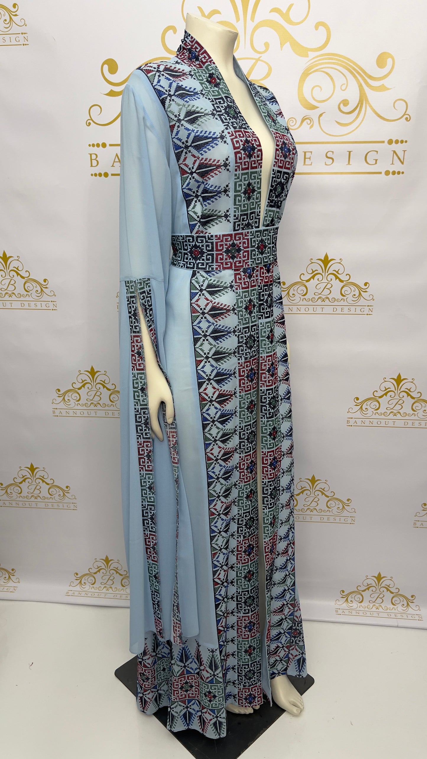 Embroidered Cardigan Open side Sleeve | Blue