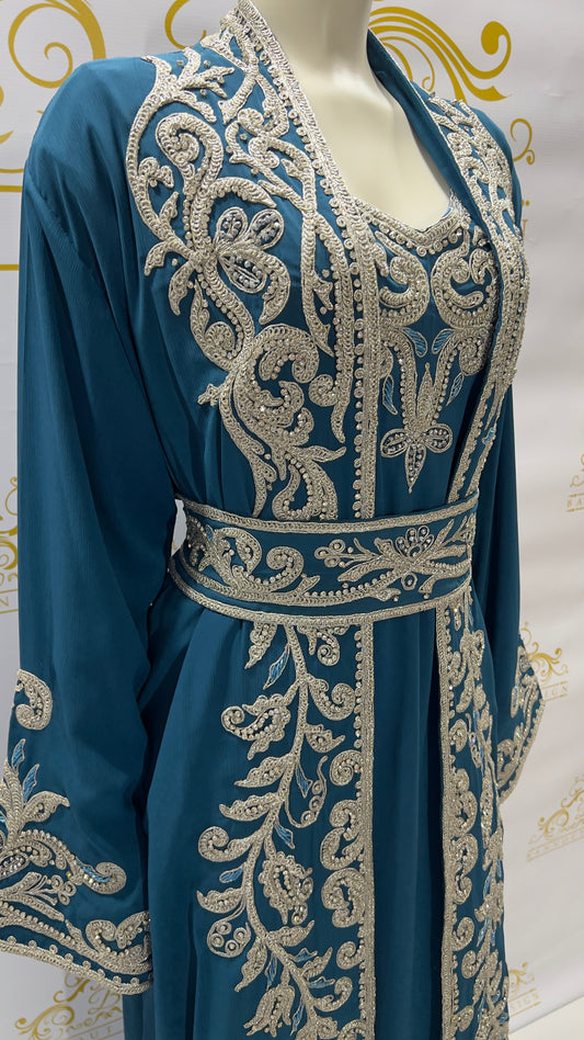Fancy Kaftan Abaya 3 Pcs. Beads Embellished Peacock wedding party Dress