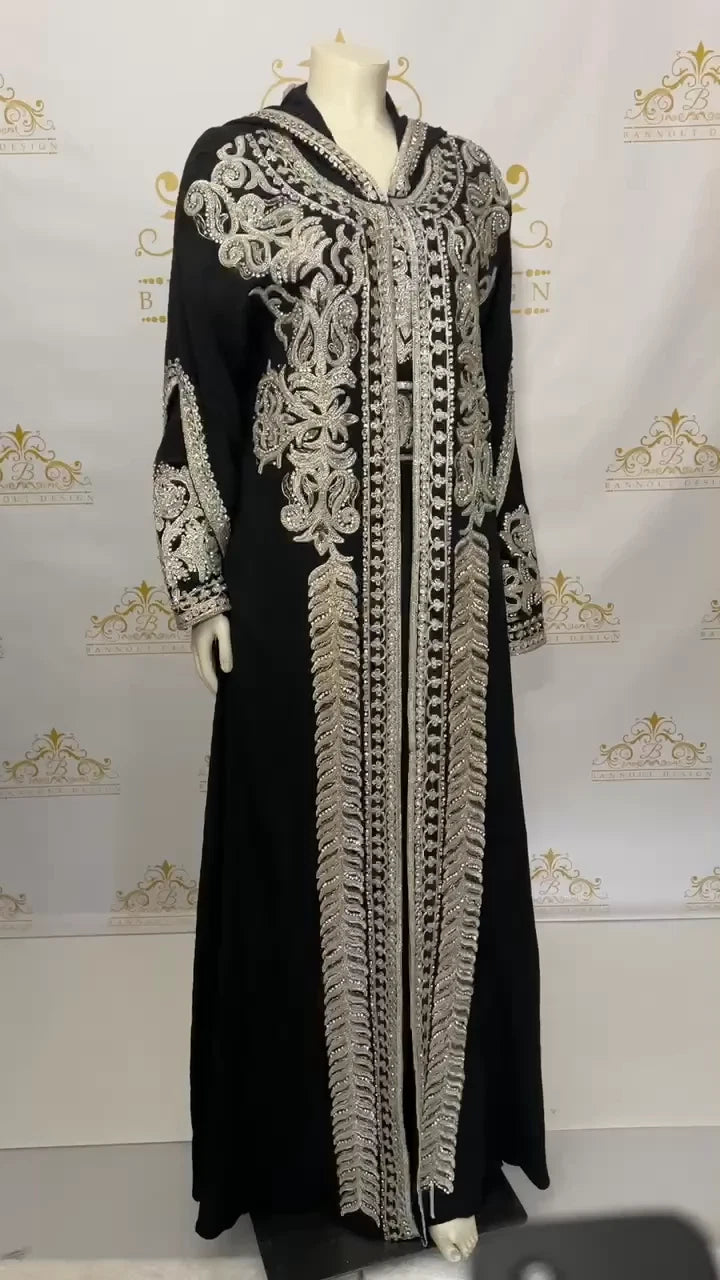 Hooded Butterfly Kaftan Dress Set 3 Pcs Long Dress Silver Beads & Embroidery Black Black / L
