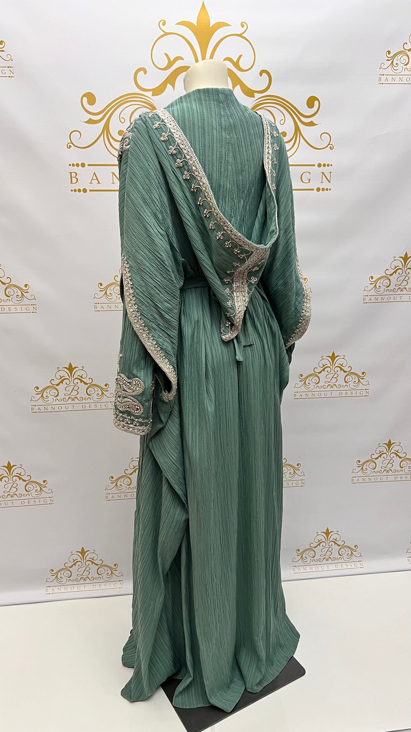Hooded_Butterfly_Kaftan_3_Pieces_Silver_8_Beads_Embroidery_Bannout_Design_brand_Green