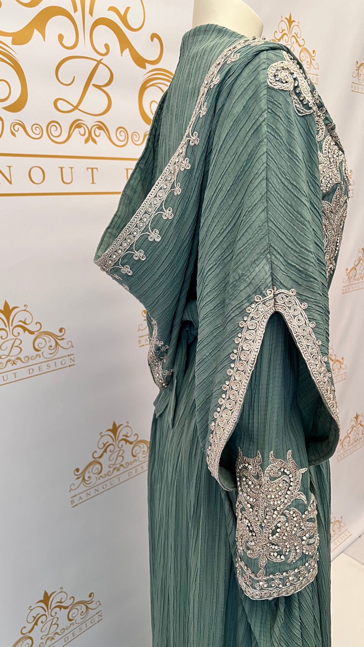 Hooded_Butterfly_Kaftan_3_Pieces_Silver_Beads_Embroidery_Green