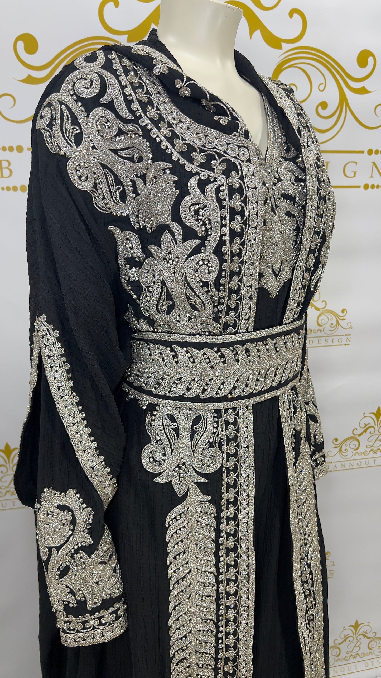 Hooded Butterfly Kaftan Abaya 3 Pcs Long Dress Silver Beads & Embroidery Long_Sleeve_Maxi_Dress_Abaya_Black