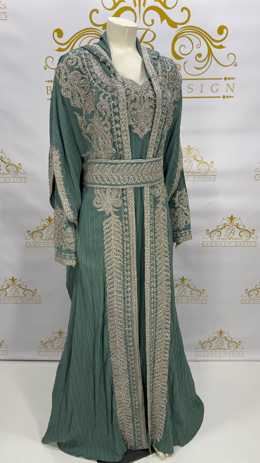 Hooded Butterfly Kaftan Abaya 3 Pcs Long Dress Silver Beads & Embroidery Green