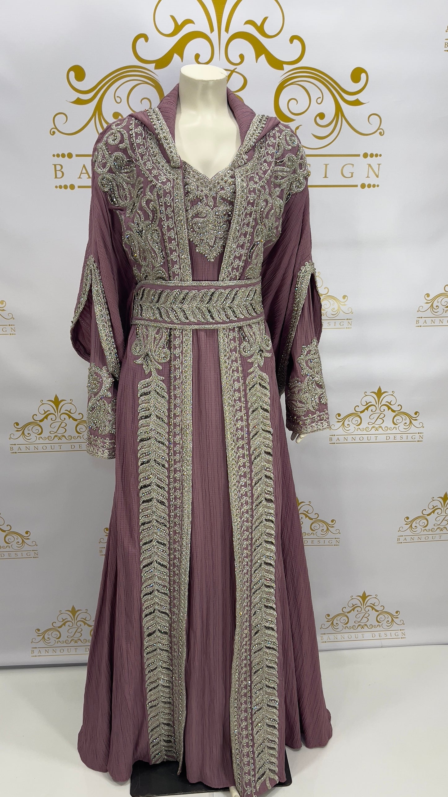 Hooded Butterfly Kaftan Abaya Long Sleeve Maxi 3 Pcs Long Dress Silver Beads & Embroidery Purple Long_Sleeve_Maxi_Dress_Abaya