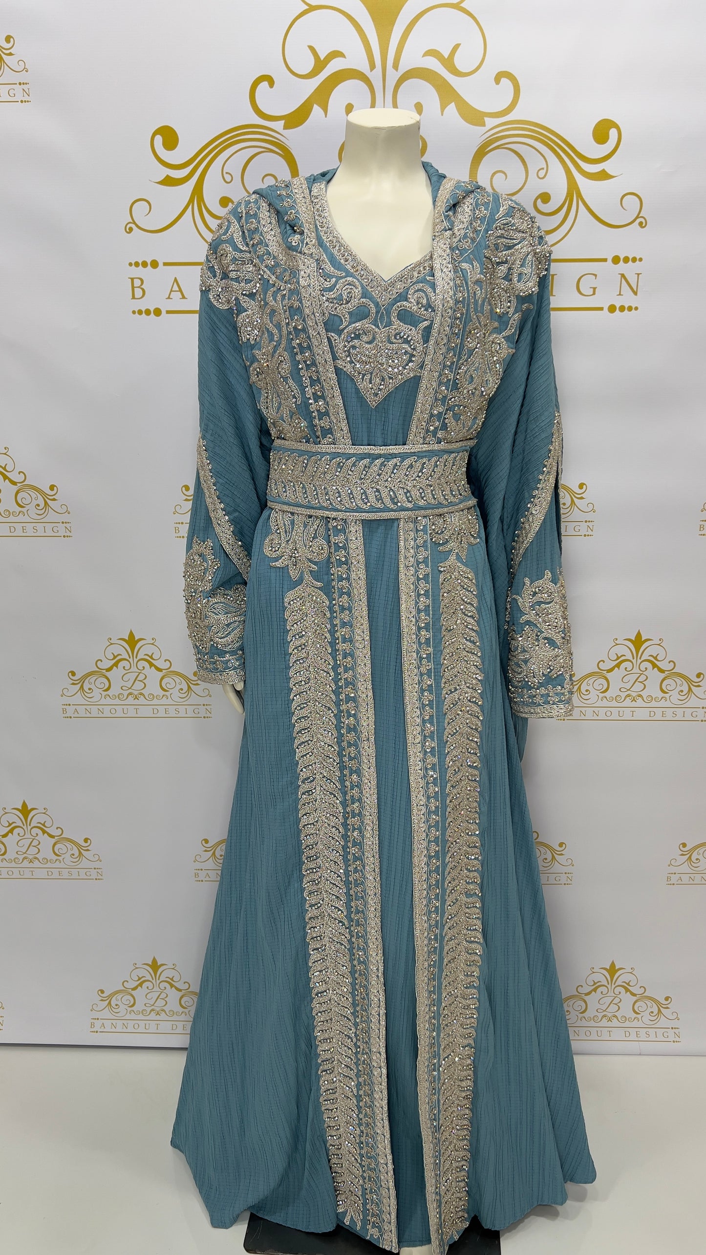 Hooded Butterfly Kaftan Abaya 3 Pcs Muslim Women's Long Fashion Dress Silver Beads & Embroidery BLUE