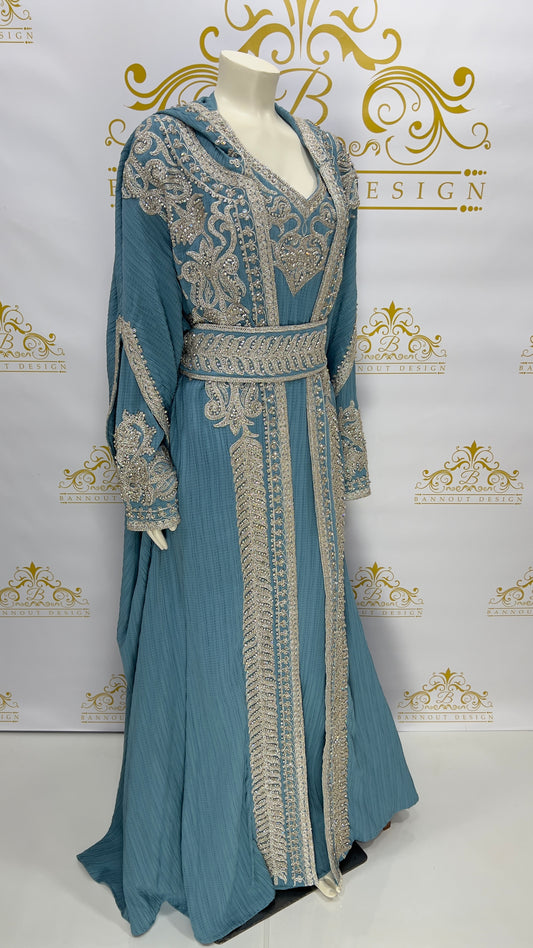 Hooded Butterfly Kaftan Abaya 3 Pcs Muslim Women's Long Fashion Dress Silver Beads & Embroidery BLUE_Long_Sleeve_Maxi_Dress_Abaya