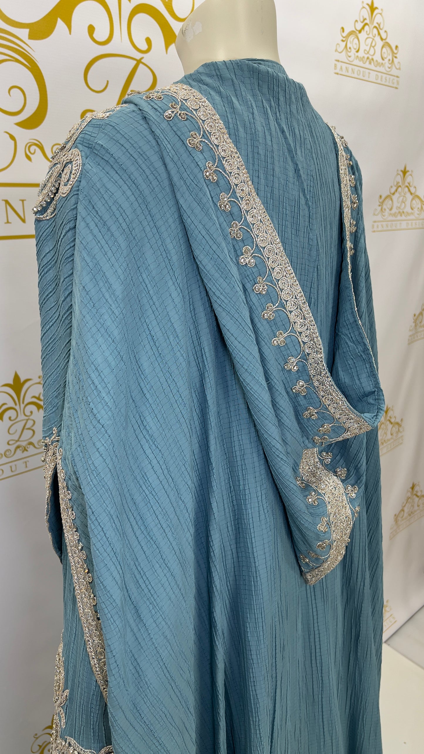 Hooded Butterfly Kaftan Abaya 3 Pcs Muslim Women's Long Fashion Dress Silver Beads & Embroidery Light BLUE
