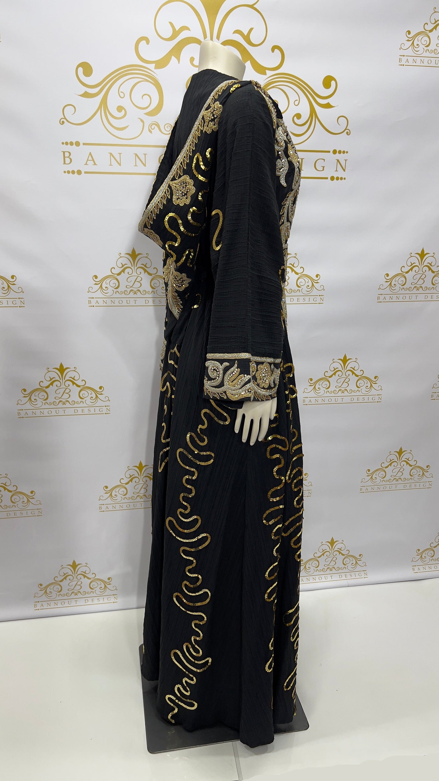Hooded Embroidery Kaftan 3 Pcs. Long Sleeve Black & Gold
