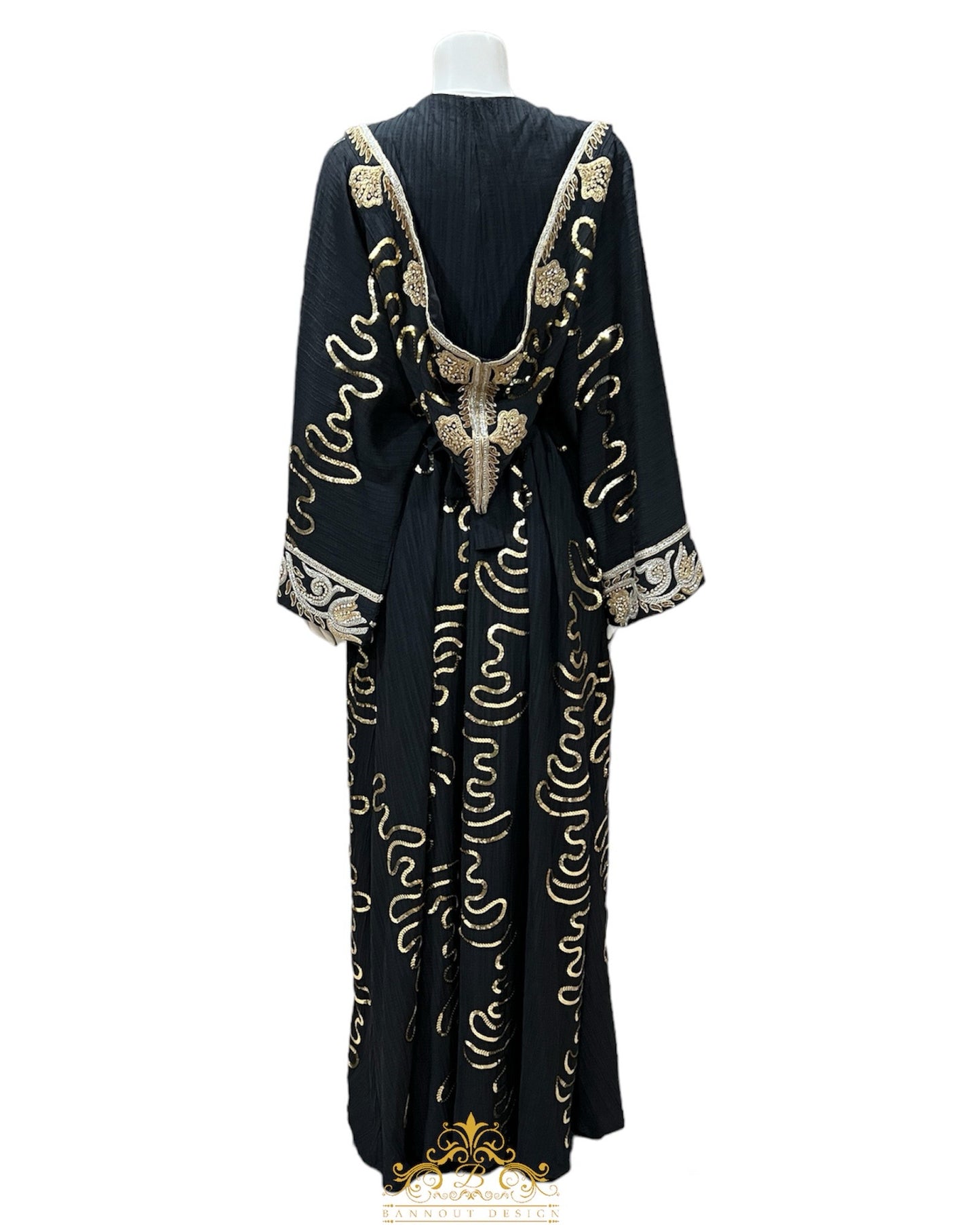 Hooded Embroidered Kaftan 3 Pcs. Long Sleeve Black, Gold & Silver Embroidery Henna Party, Eid, Occasional, Wedding, Caftan Dress
