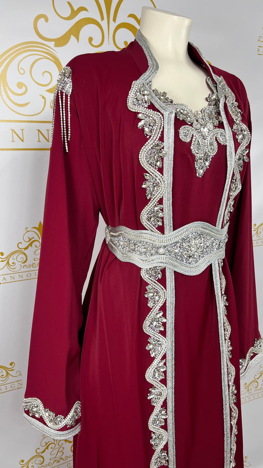 Kaftan Abaya 3 Pcs. Elegant Women's Caftan Maroon & Silver