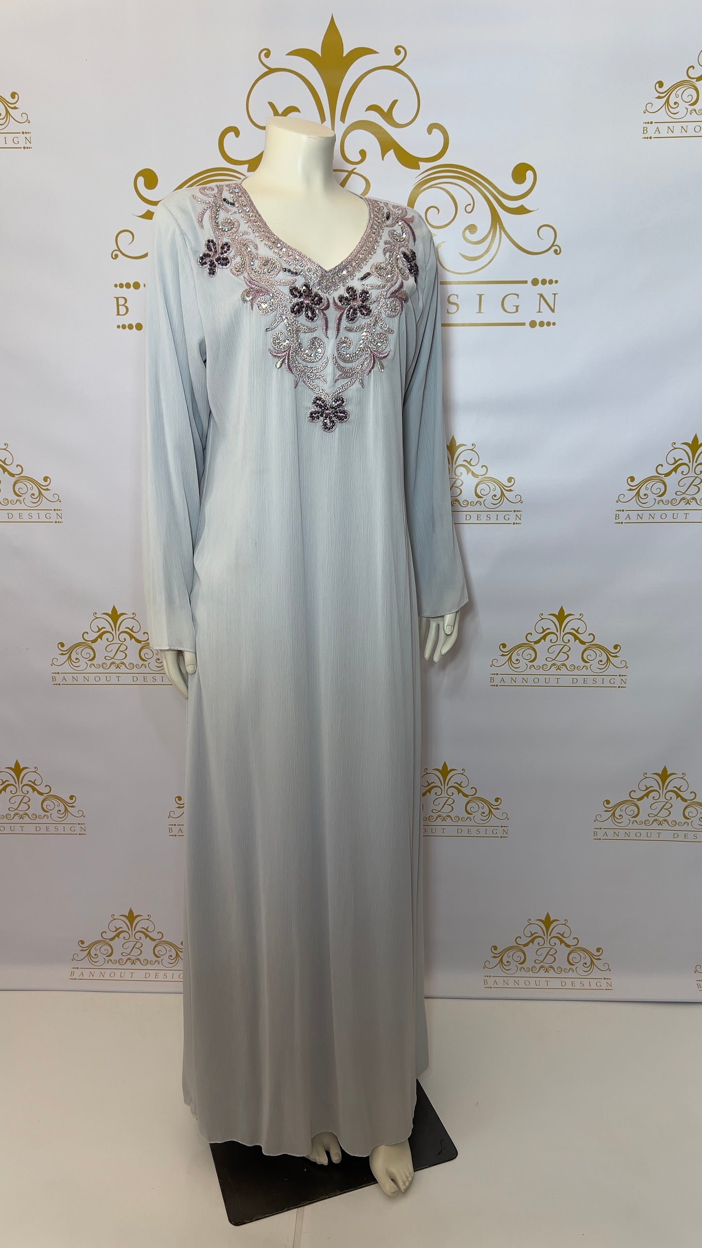 Kaftan Abaya 3 Pcs. Embroidery Colorful Beads Women's Caftan Baby Blue