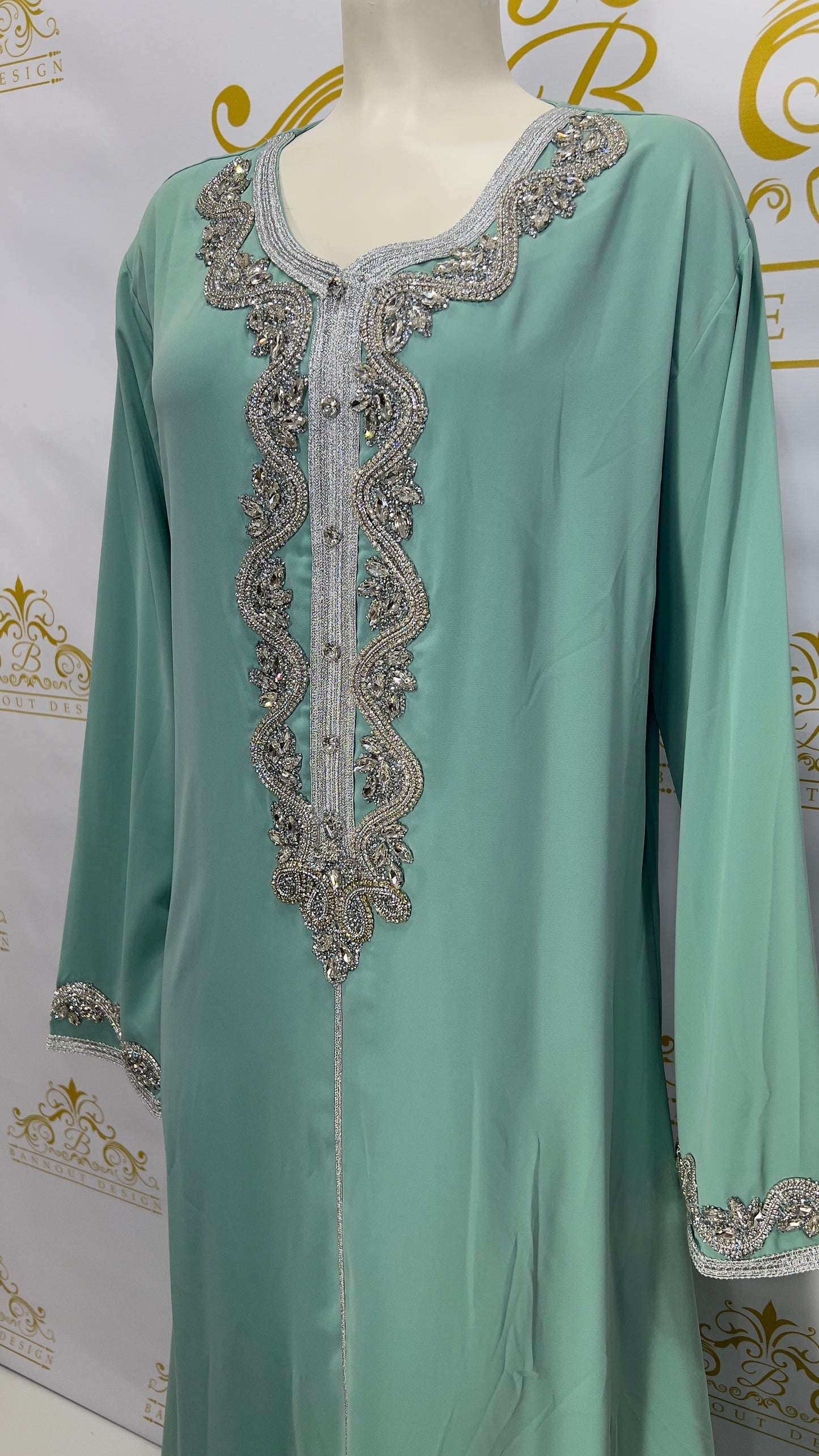 Kaftan Abaya Dress Embellished Silver Rhinestone Light Green