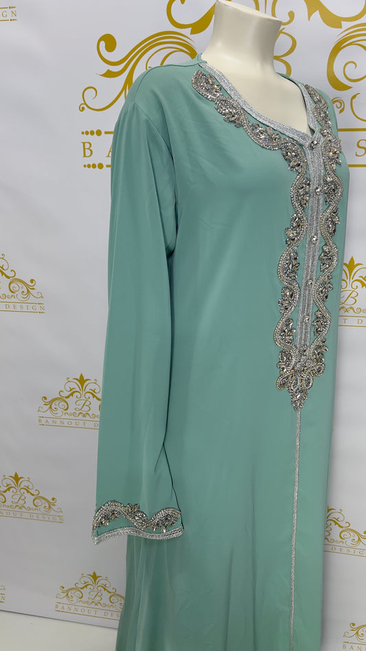 Embellished Silver Rhinestone Women's Maxi Abaya Long Sleeve Light Green