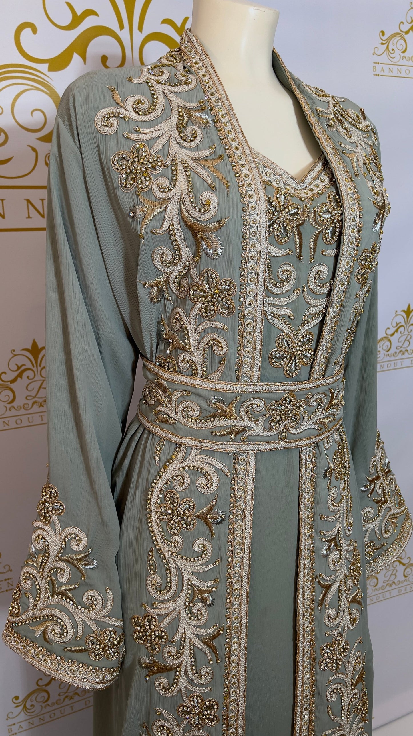 Kaftan Abaya Long Dress Floral Design 3 Pcs. Silver & Gold Embroidery & Beads