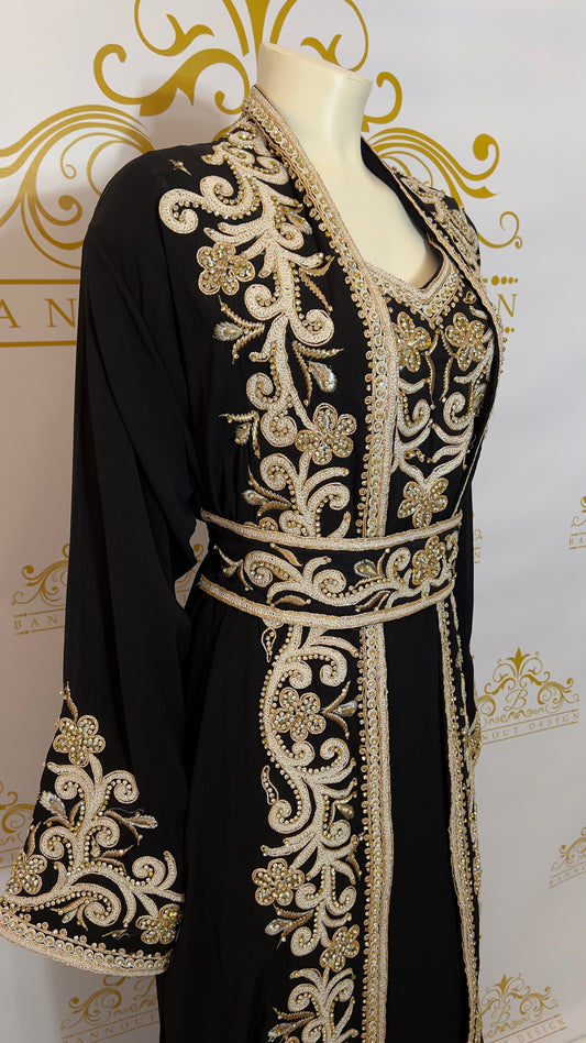Kaftan Abaya Long Dress Floral Design 3 Pcs. Silver & Gold Embroidery & Beads Black