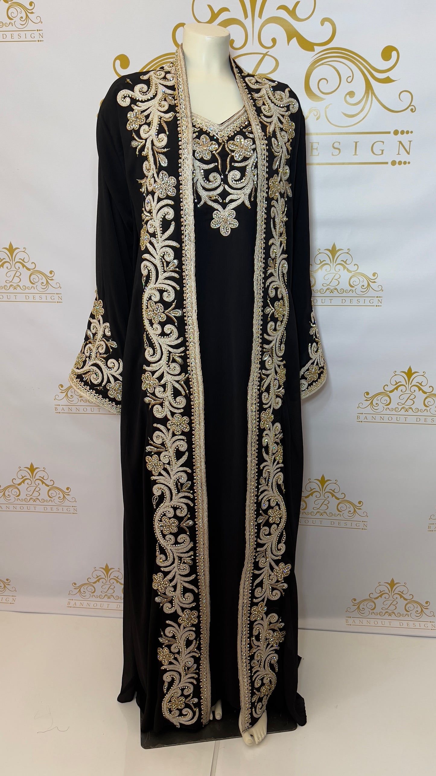 Kaftan Abaya Long Dress Floral Design 3 Pcs. Silver & Gold Embroidery & Beads Black
