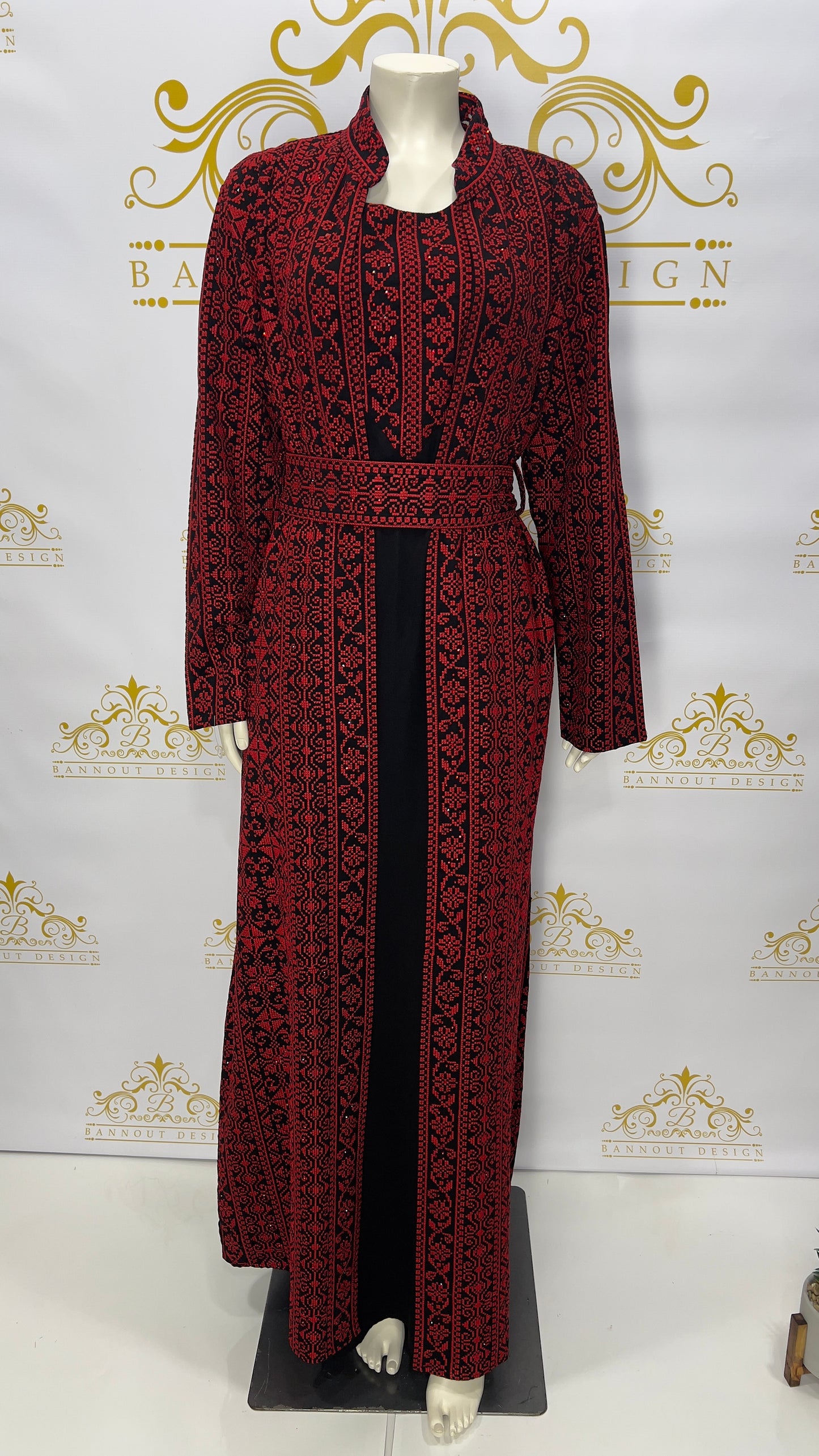 Palestinian Embroidery Thobe Dress 3 Pcs. Red & Black
