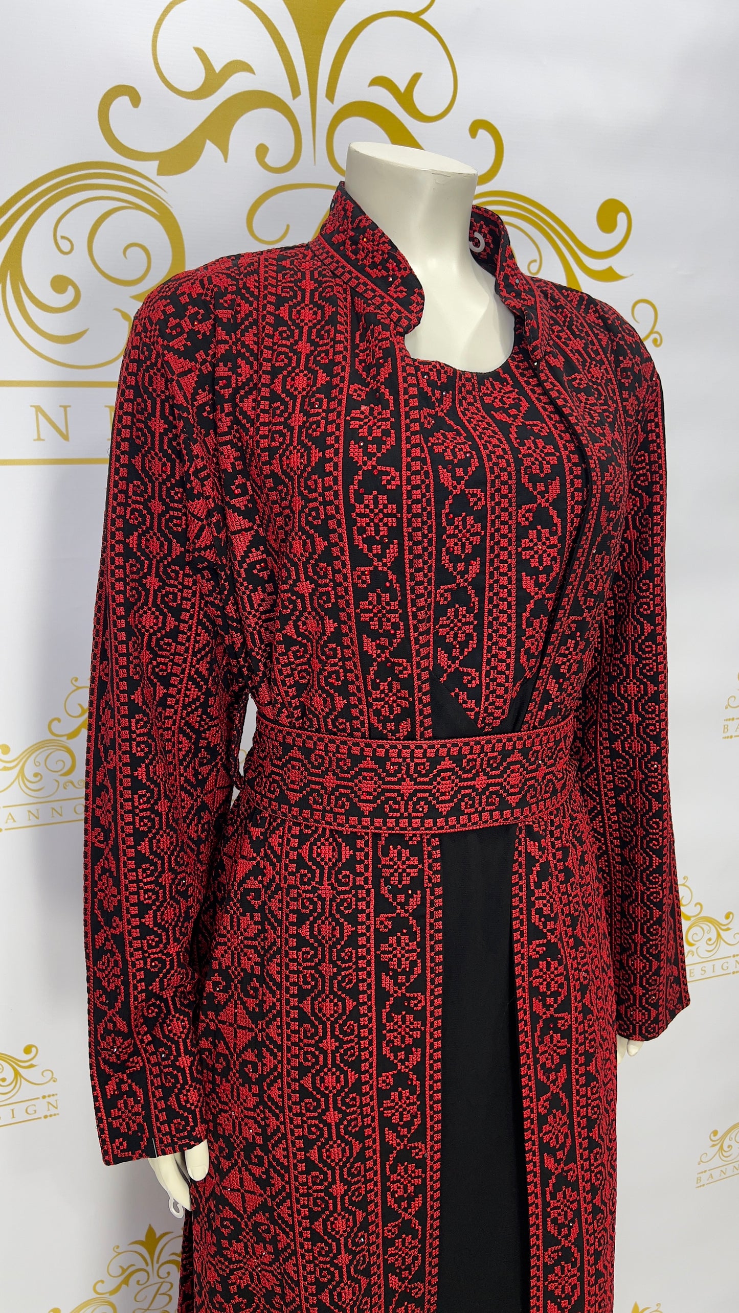 Palestinian Embroidery Thobe Dress 3 Pcs. Red & Black