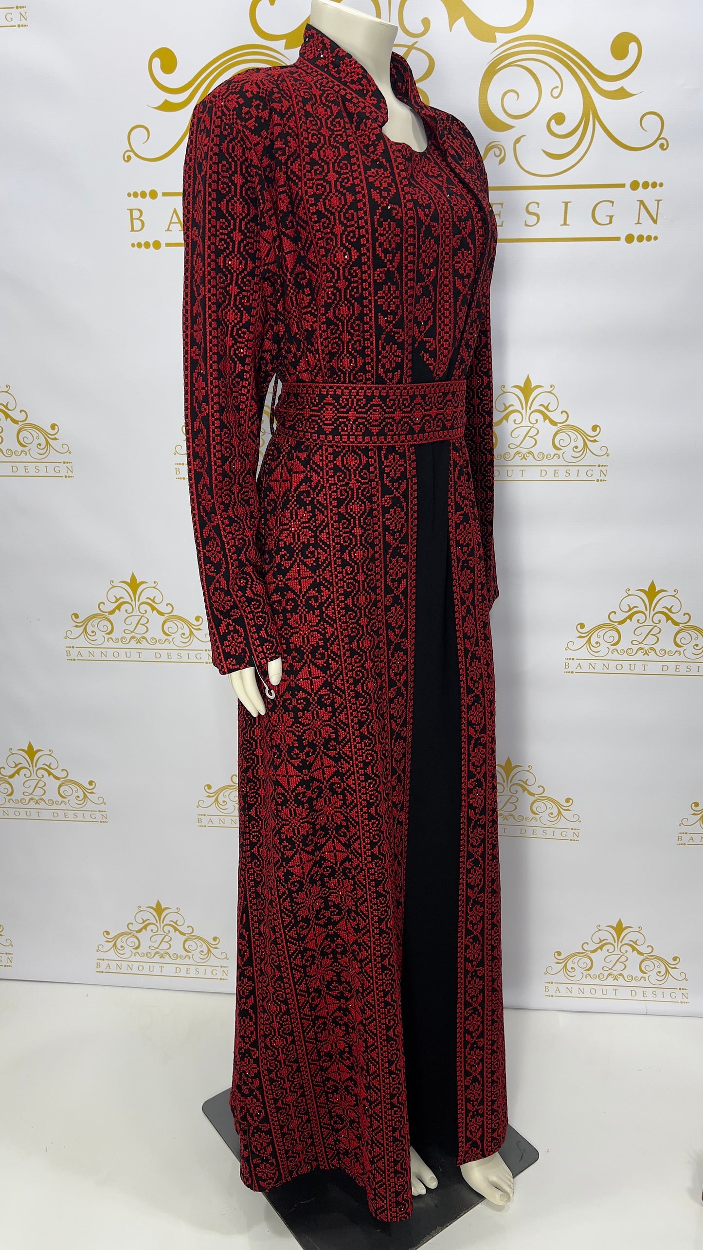 Palestinian Embroidery Thobe Dress 3 Pcs. Red & Black