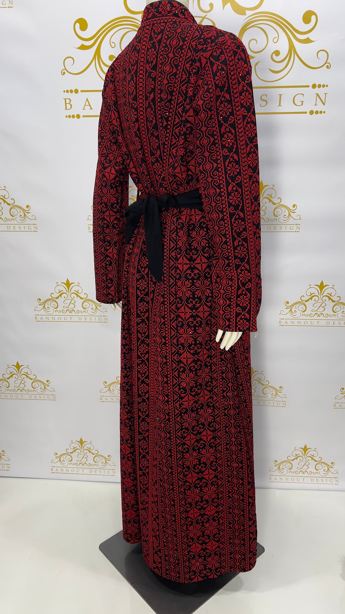 Palestinian Embroidery Thobe Dress 3 Pcs. Red & Black
