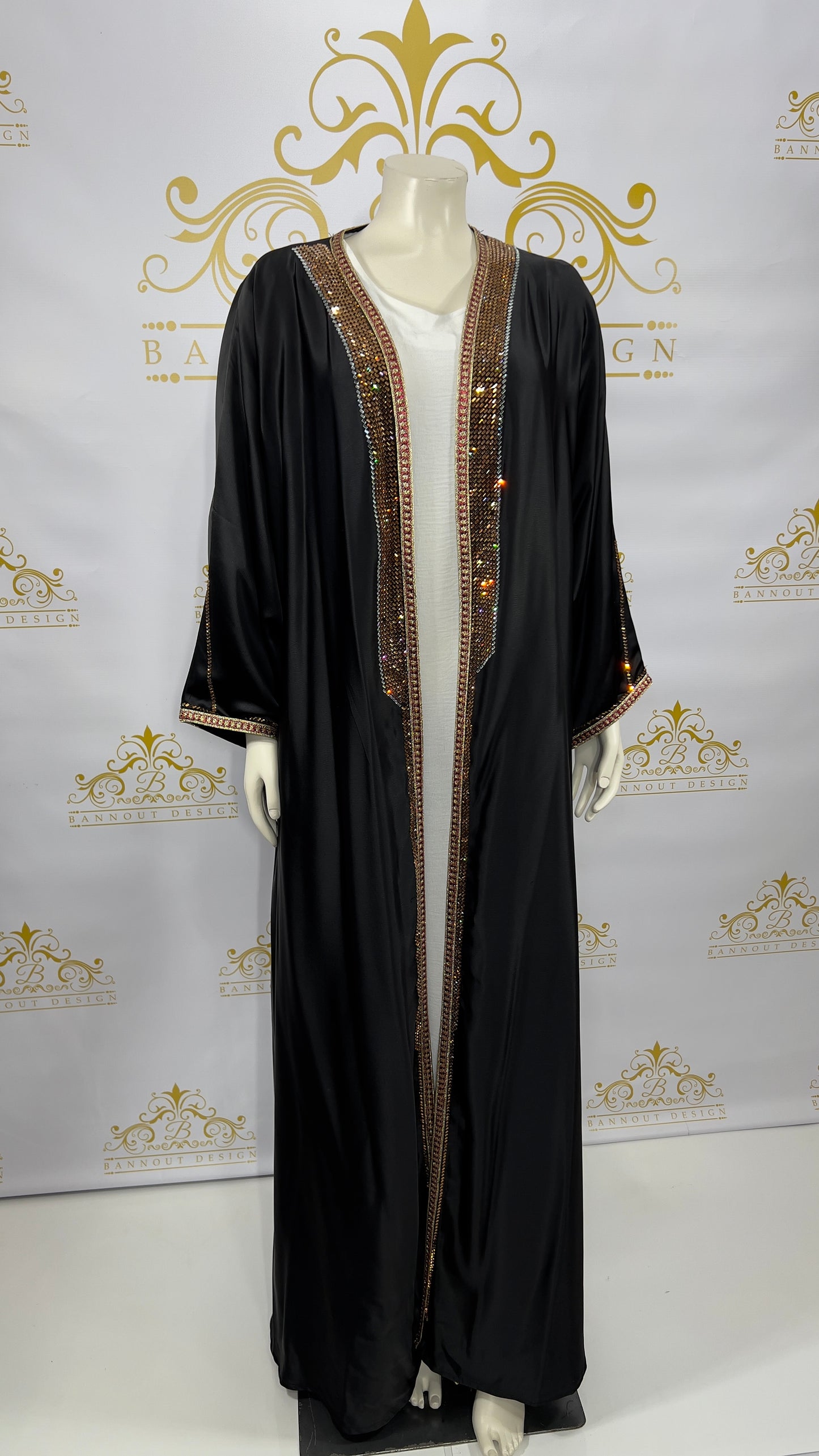 Women's Satin Cardigan Open Abaya 2 Pc Gold Rhinestones Maxi Long Sleeve