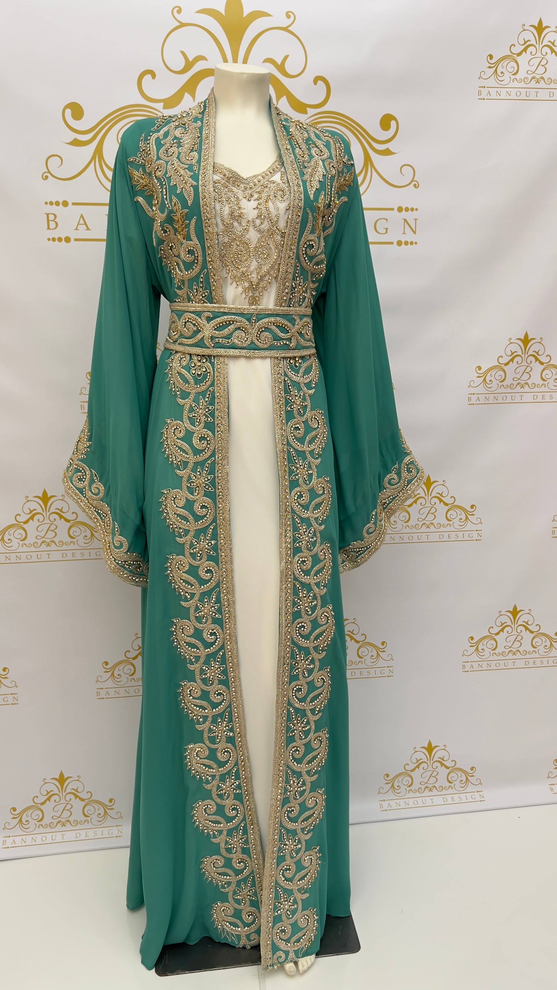 Women's long Maxi Fancy Kaftan Abaya Dress 3 Pcs. Embroidery Designs & Golden Beads