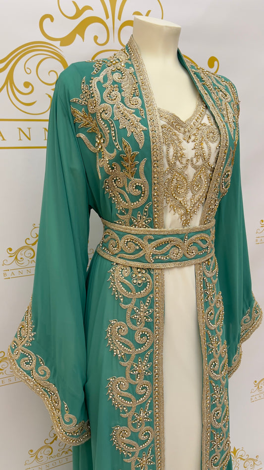 Women's long Maxi Fancy Kaftan Abaya Dress 3 Pcs. Embroidery Designs & Golden Beads Light Green