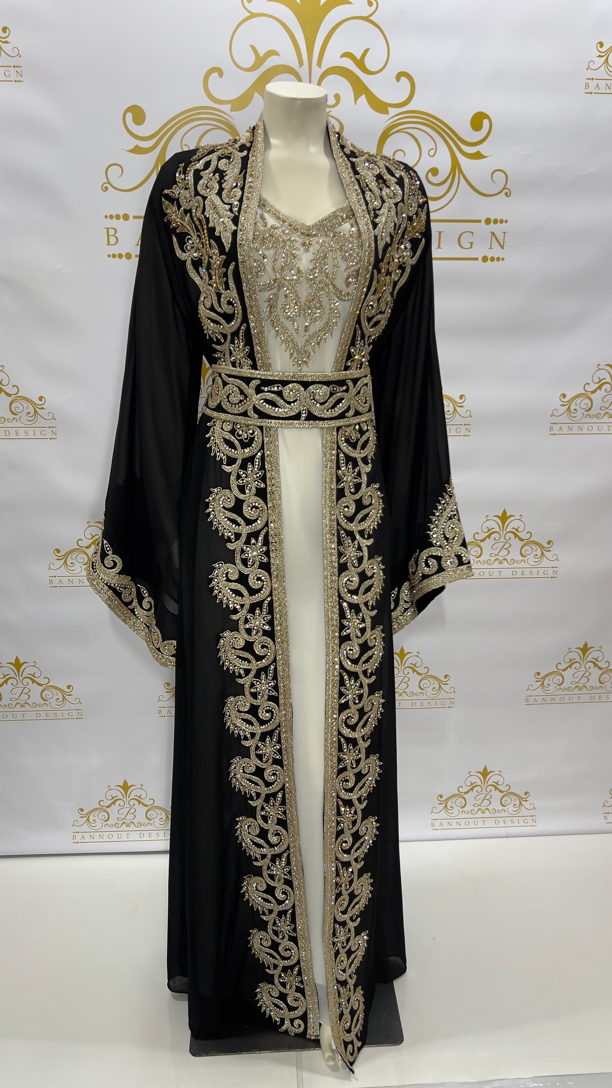 Women's long Maxi Fancy Kaftan Abaya Dress 3 Pcs. Embroidery Designs & Golden Rhinestone Beads White