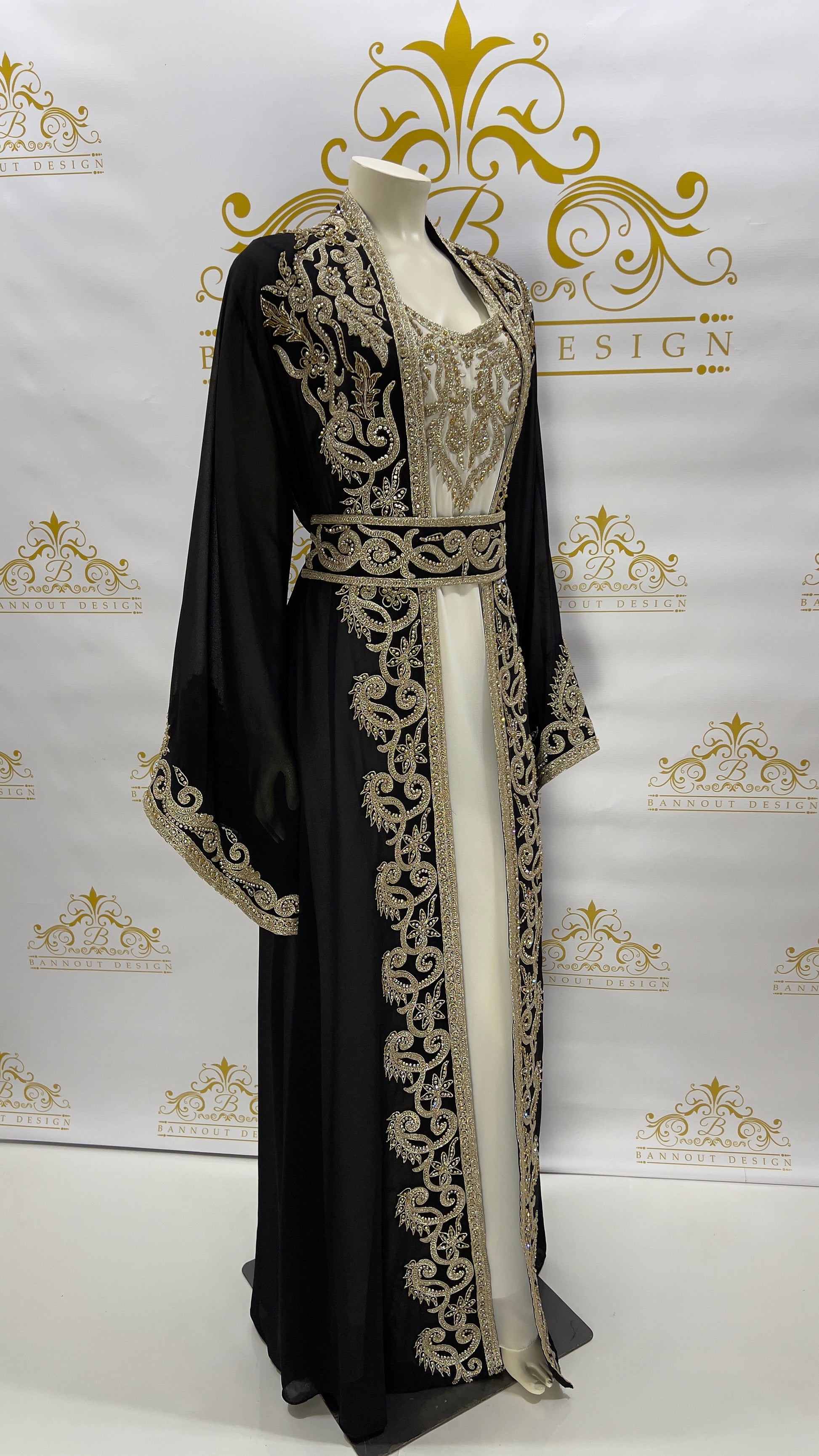 Women's long Maxi Fancy Kaftan Abaya Dress 3 Pcs. Embroidery Designs & Golden Rhinestone Beads White