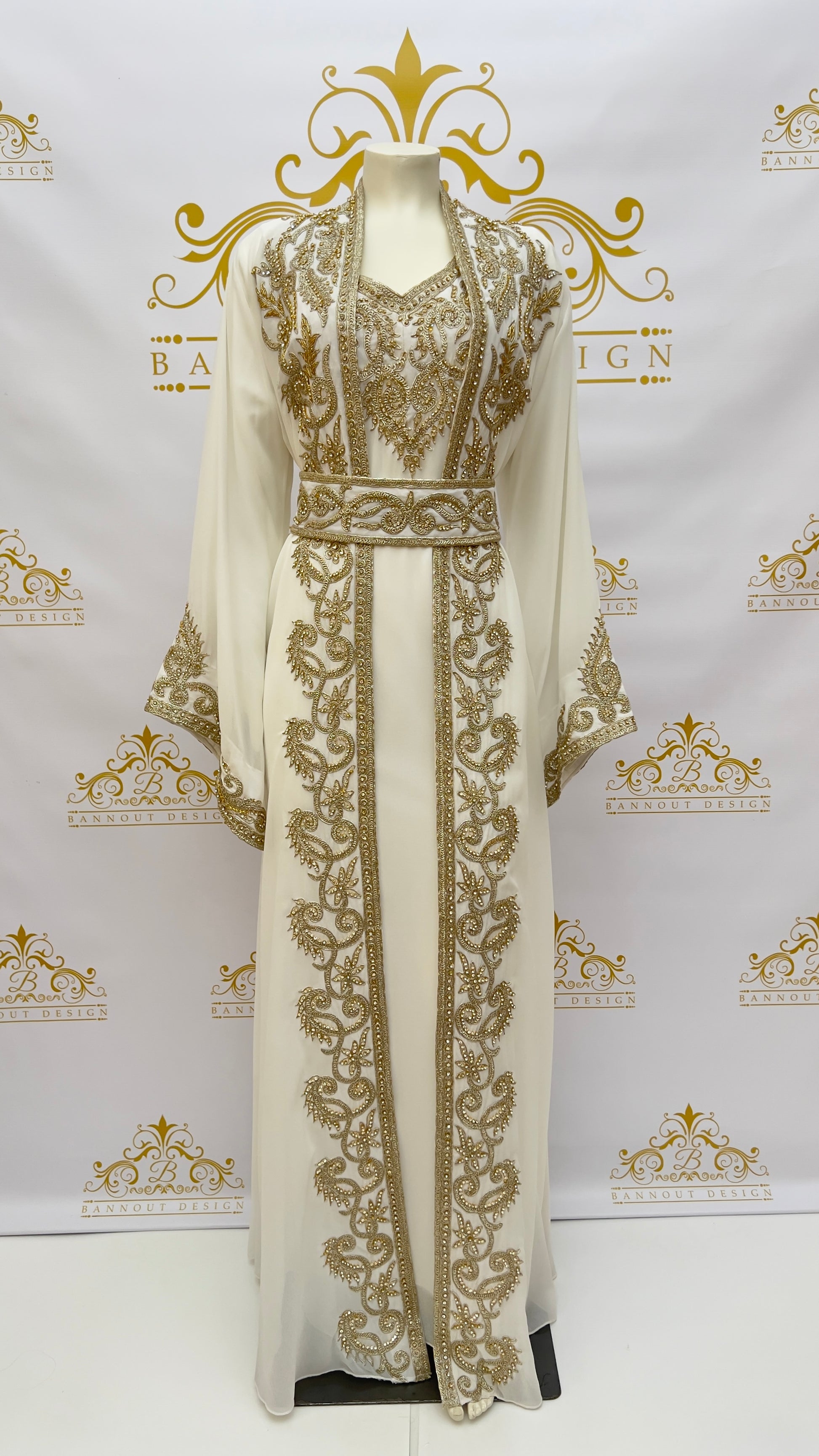 Women's long Maxi Fancy Kaftan Abaya Dress 3 Pcs. Embroidery Designs & Golden Rhinestone Beads White