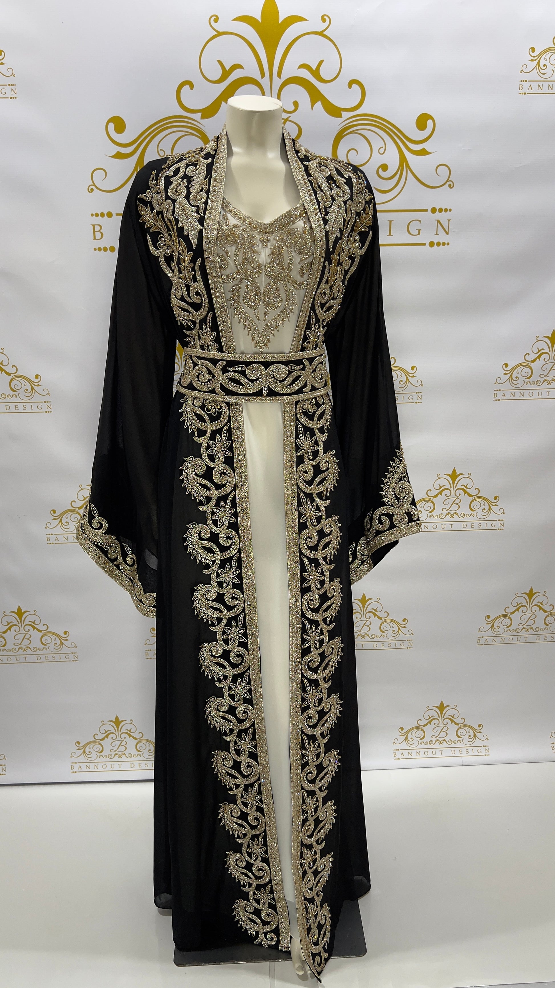 Women's long Maxi Fancy Kaftan Abaya Dress 3 Pcs. Embroidery Designs & Golden Rhinestone Beads White