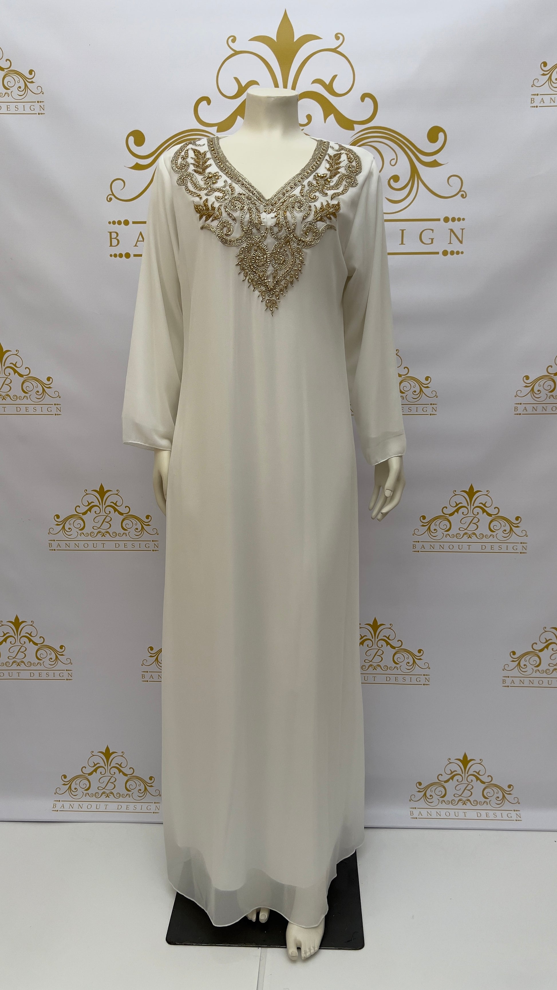 Women's long Maxi Fancy Kaftan Abaya Dress 3 Pcs. Embroidery Designs & Golden Rhinestone Beads White