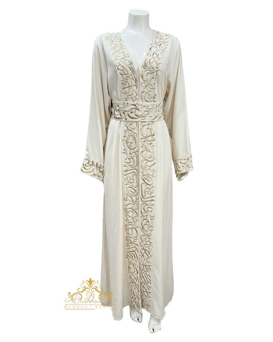 Embroidery Open Abaya Arabic Letters - Off White & Gold _ Bisht _ Henna_Eid_Party_Occasional_Dubai_Abaya