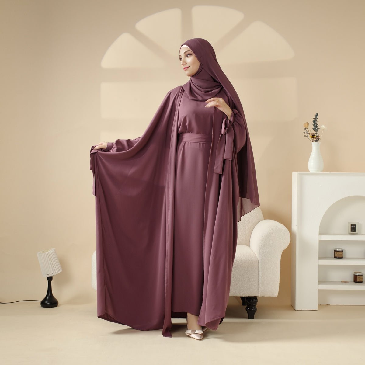 5 Pc. Set Farasha Abaya, Premium Farasha Textured Open Abaya (MOA095)