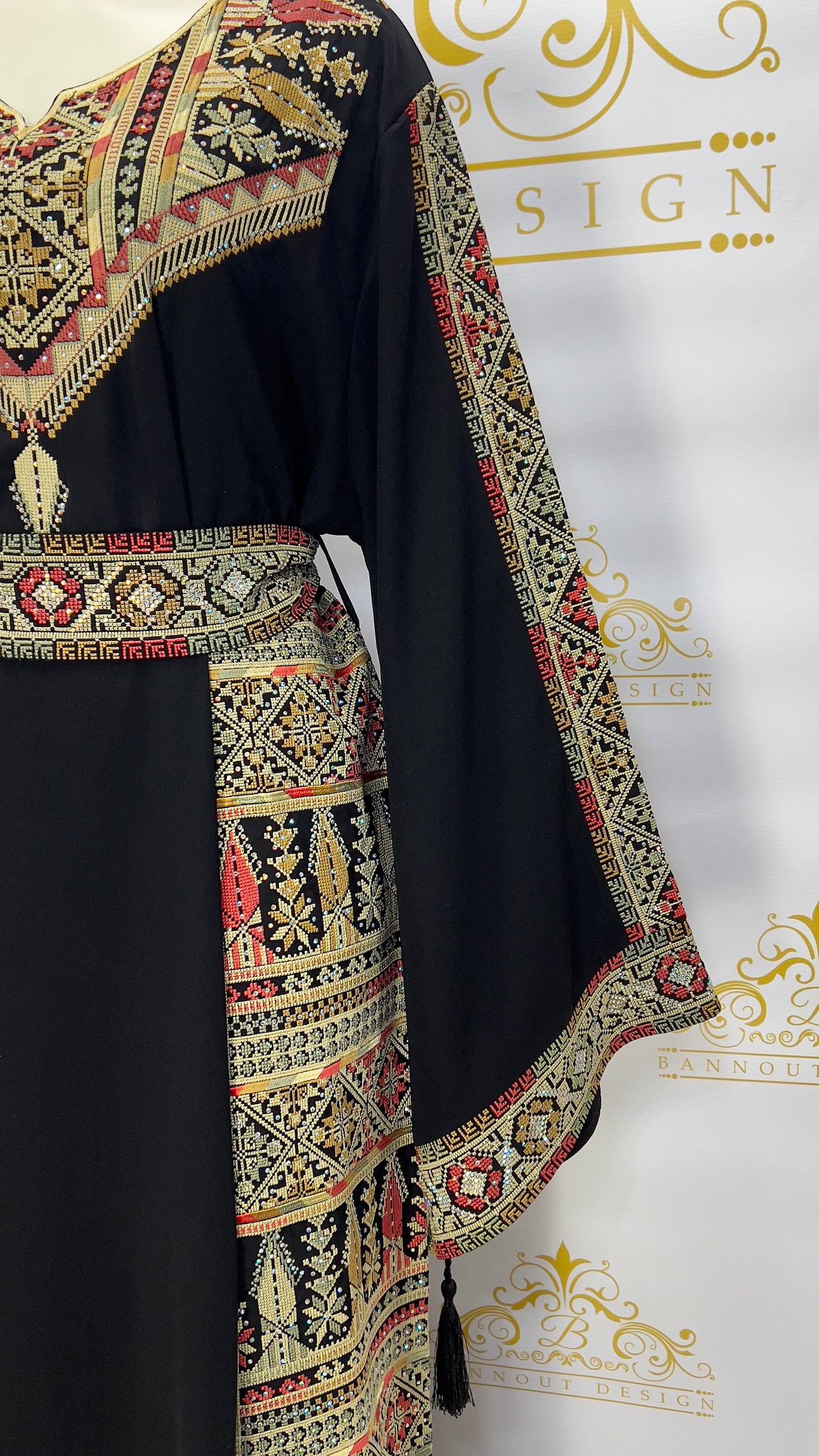 Palestinian Embroidery Thobe Drees Maxi Long Sleeve Black & Beige Embellished Rhinestone