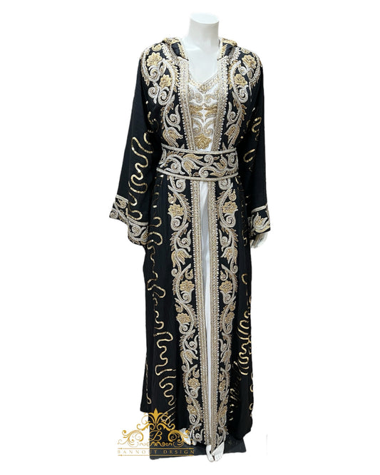 Hooded Embroidered Kaftan 3 Pcs. Long Sleeve Black, Gold & Silver Embroidery Henna Party, Eid, Occasional, Wedding, Caftan Dress