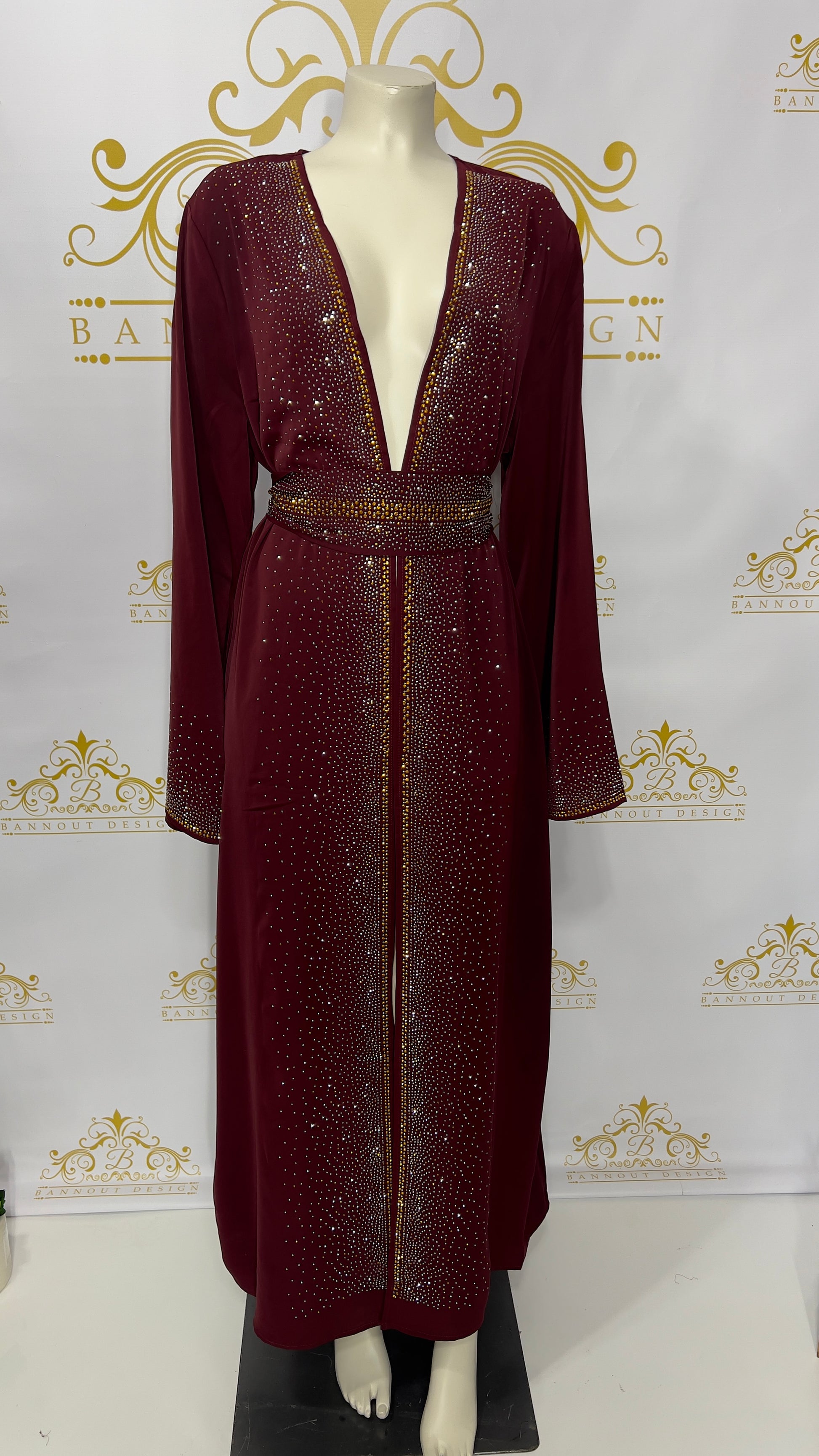 Abaya Cardigan - Gold & Silver Rhinestone Bannout Design  Maroon Abaya Dress