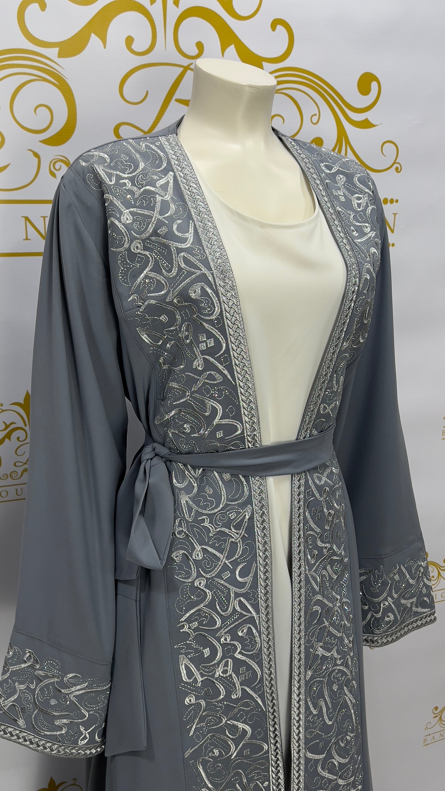 Abaya Set 2 Pcs. Random Arabic Letters Embellished with Silver Embroidery Light Gray