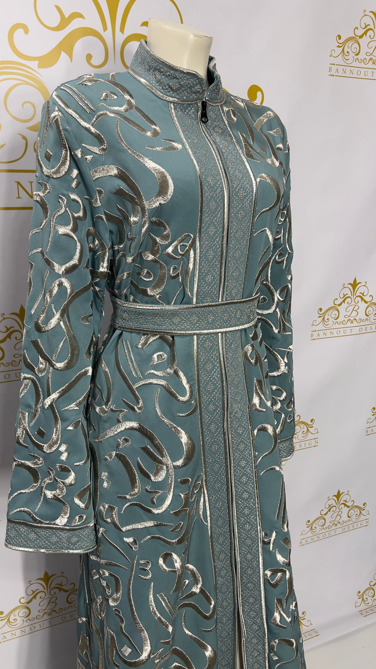 Arabic Calligraphy Horoof Embroidery Zipper Abaya Dress | Light Blue & Silver 1