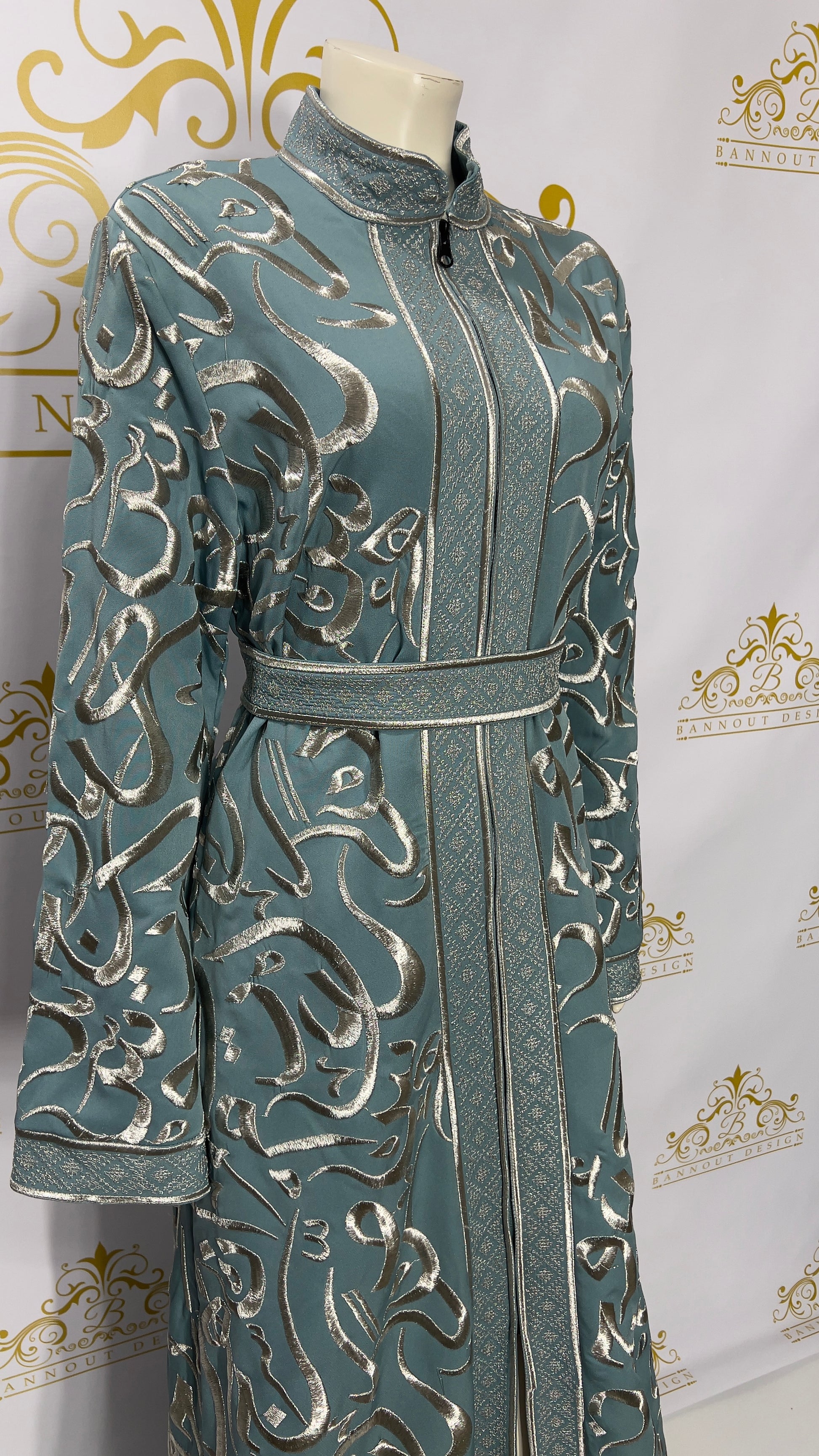 Arabic Calligraphy Horoof Embroidery Zipper Abaya Dress | Light Blue & Silver 1