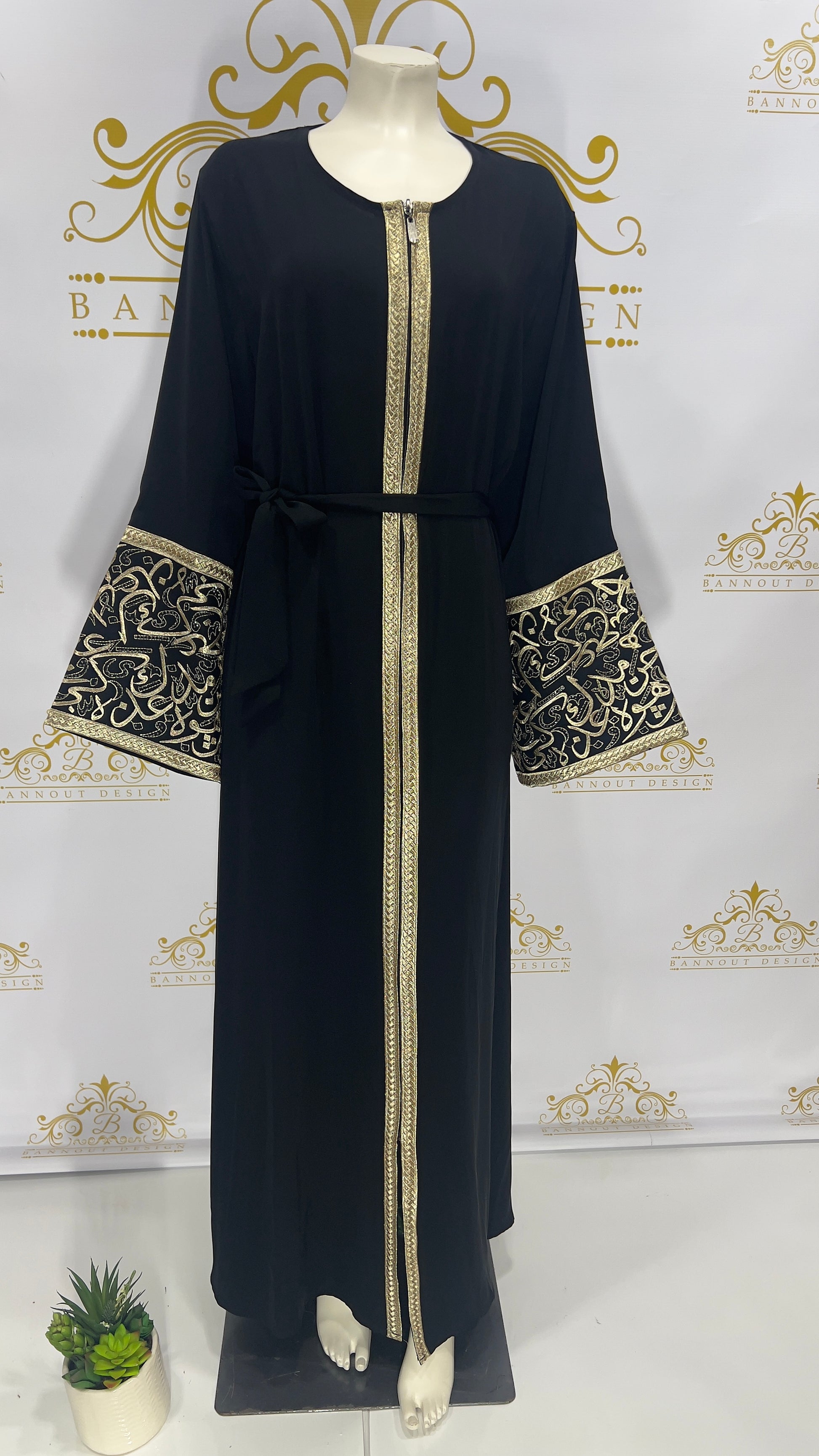 Arabic Embroidery Letters Open Abaya Bisht_Long_Sleeve_Maxi_Dress_Abaya_Black
