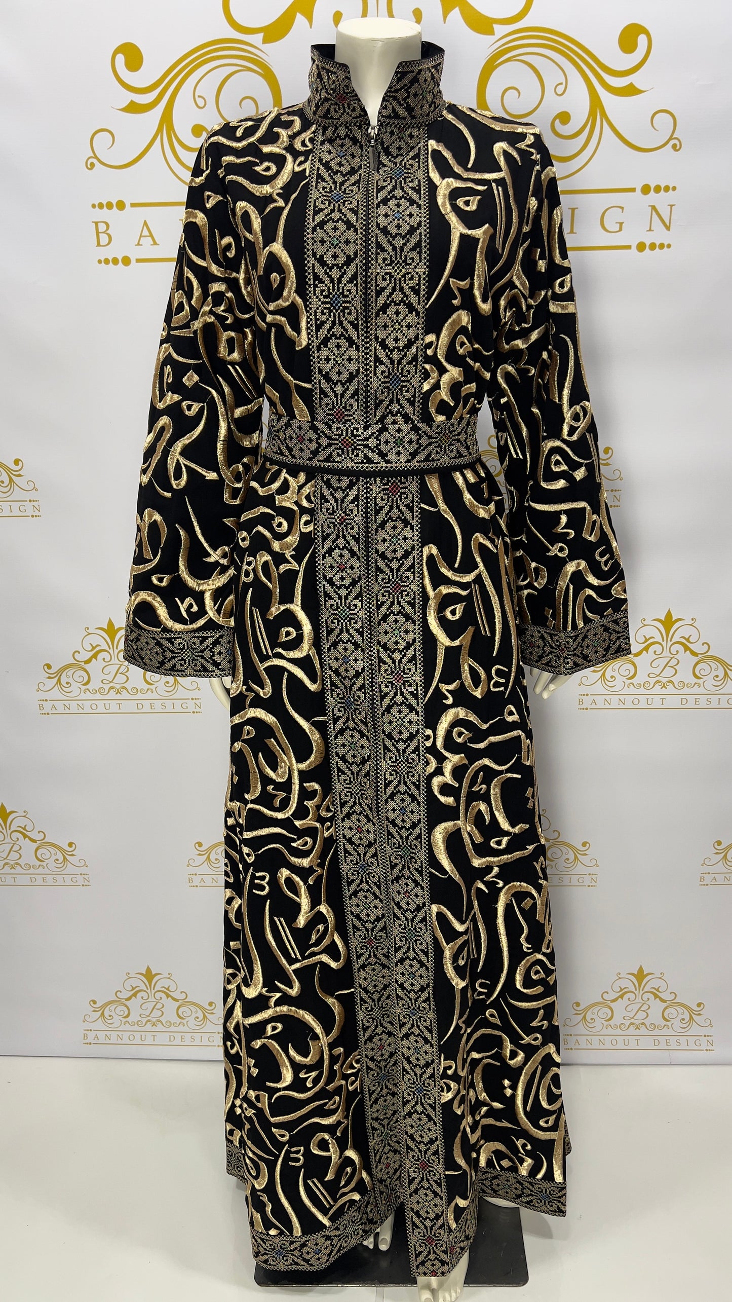 Arabic letters Embroidered Muslim Women's Abaya Maxi Long Sleeve Black & Gold